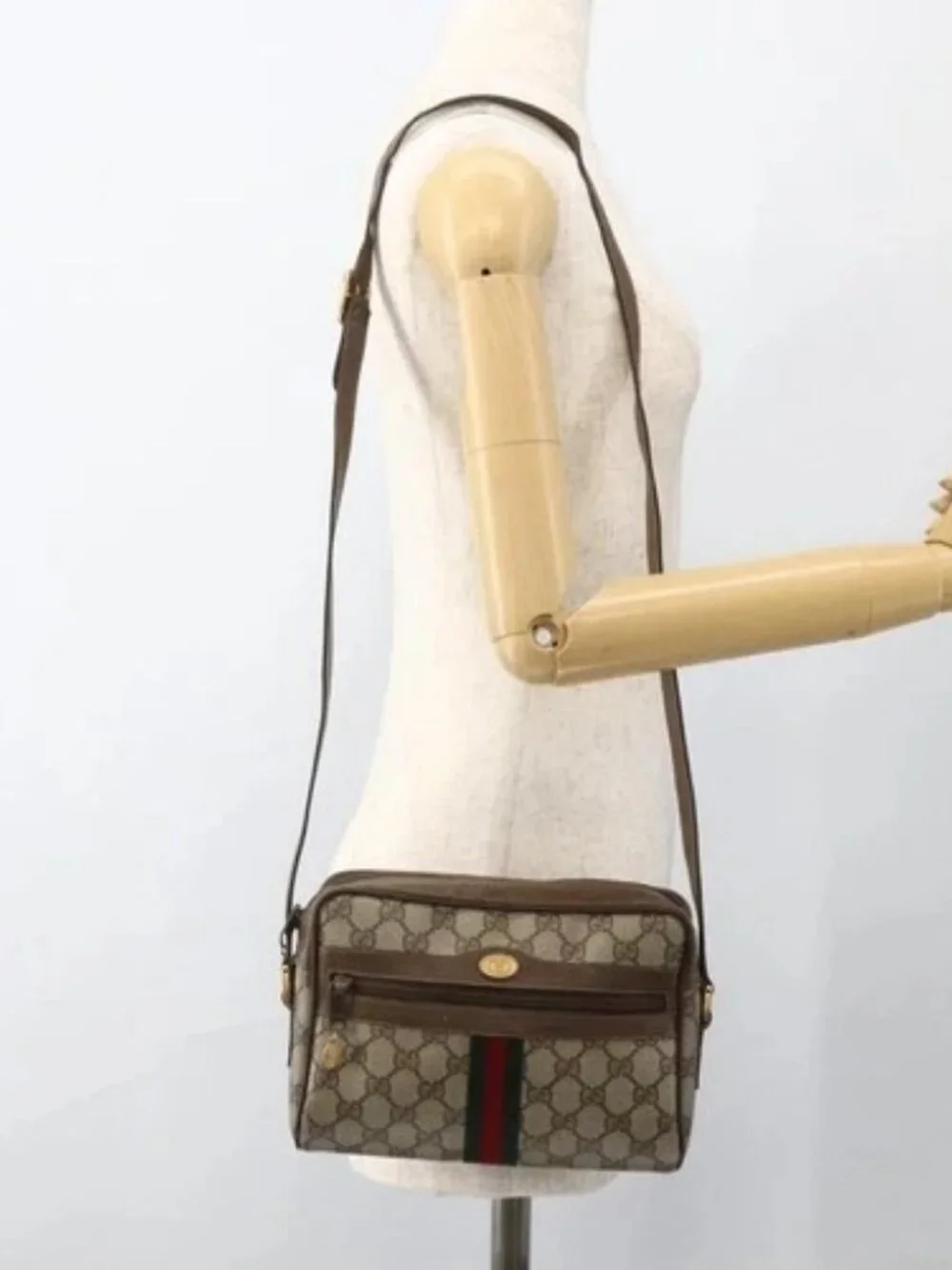 GUCCI GG Supreme Web Sherry Line Bag PVC Beige Gold 75 02 004 Auth BAZ578